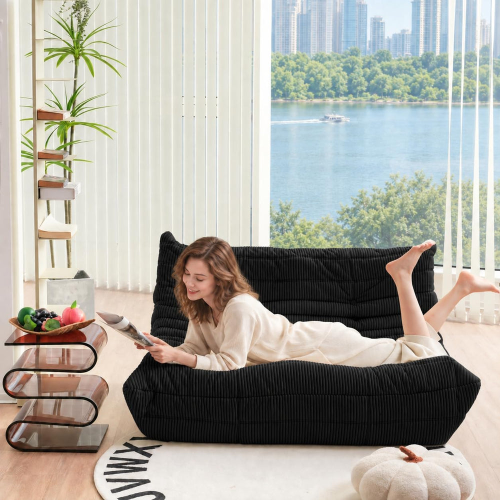 N&V Fireside Loveseat, Corduroy Armless Floor Sofa, 2-Seater, Black