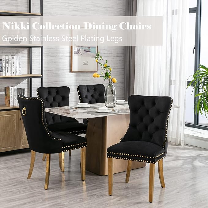 Black Velvet Dining Chairs Set of 4, Upholstered Dining Room Chairs with Back...