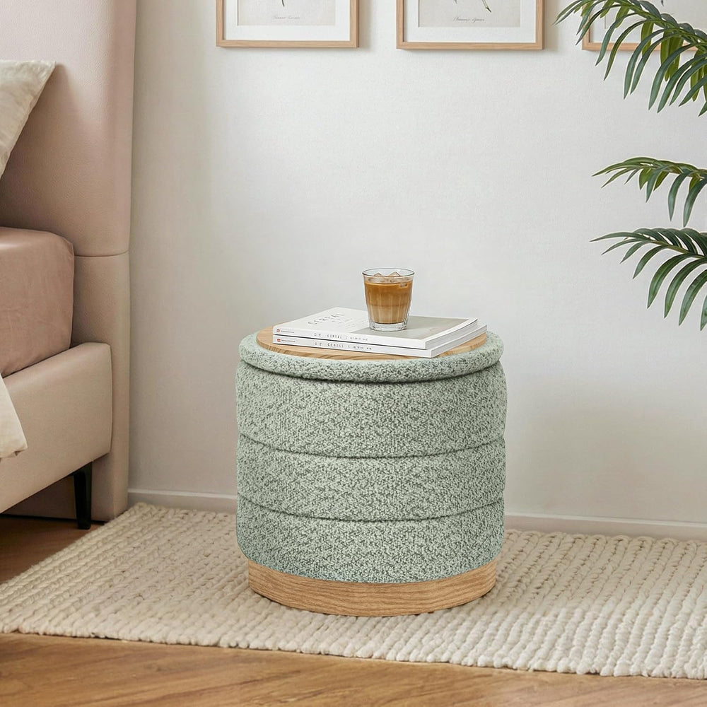 Round Storage Ottoman with Reversible Tray Lid, Folding Chenille Fabric Footr...