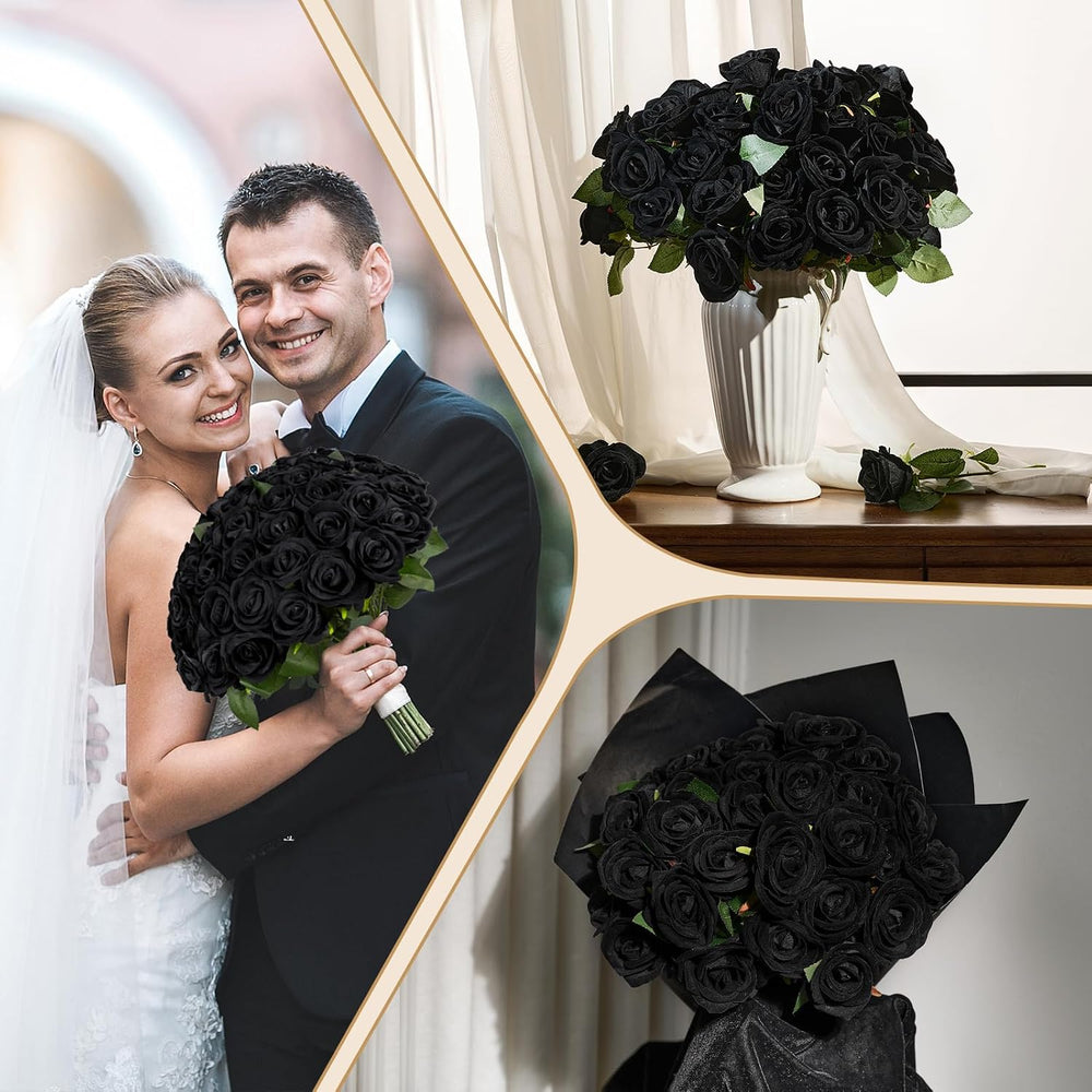 AmyHomie 48 PCS Black Roses, Velvet Realistic Fake Flowers w/Stems