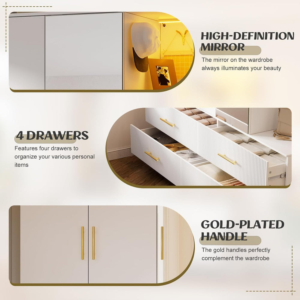 PAKASEPT Armoire Wardrobe Closet with 3 Door, Mirror, LED Lights