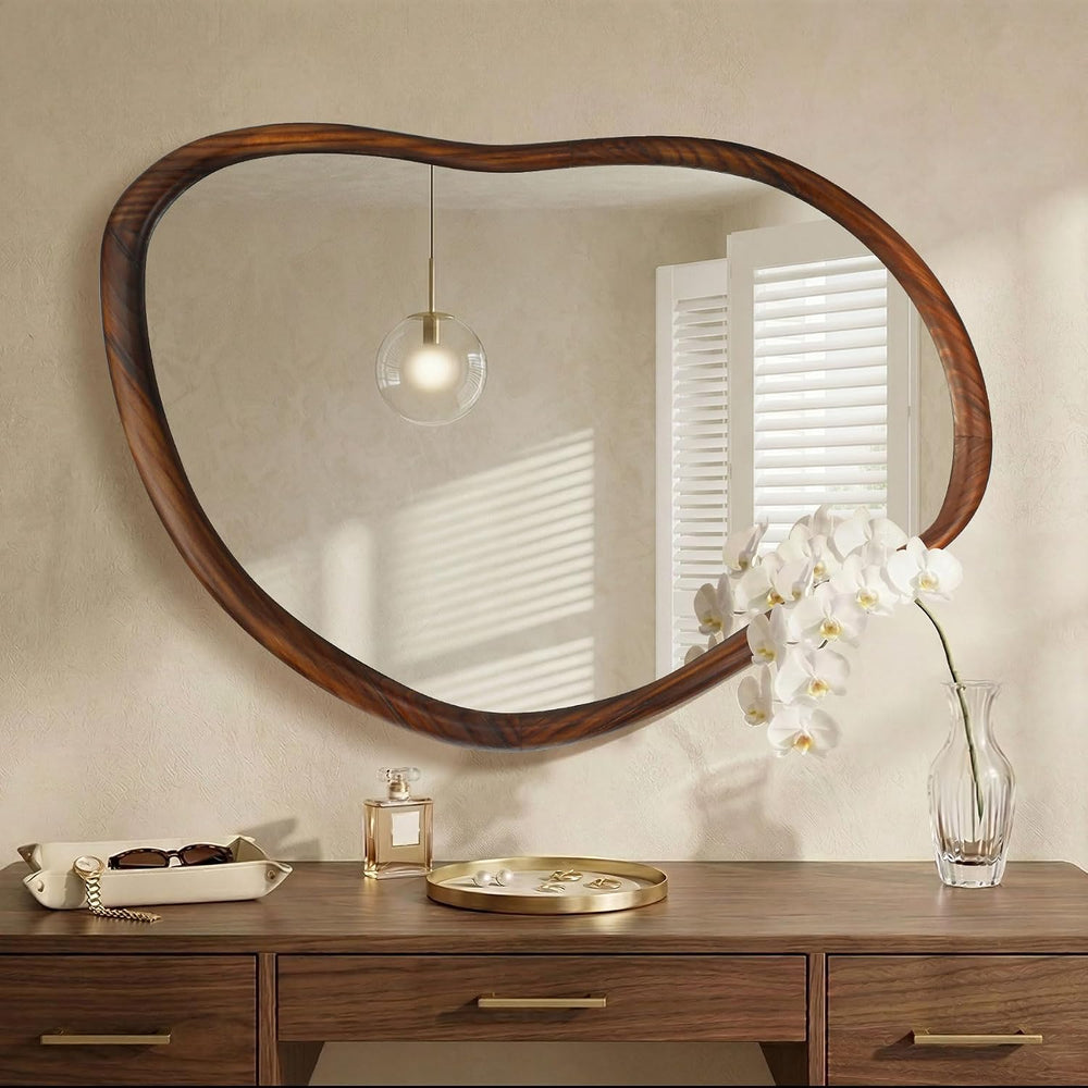 35"x24" Irregular Wood Asymmetrical Walnut Framed Mirror