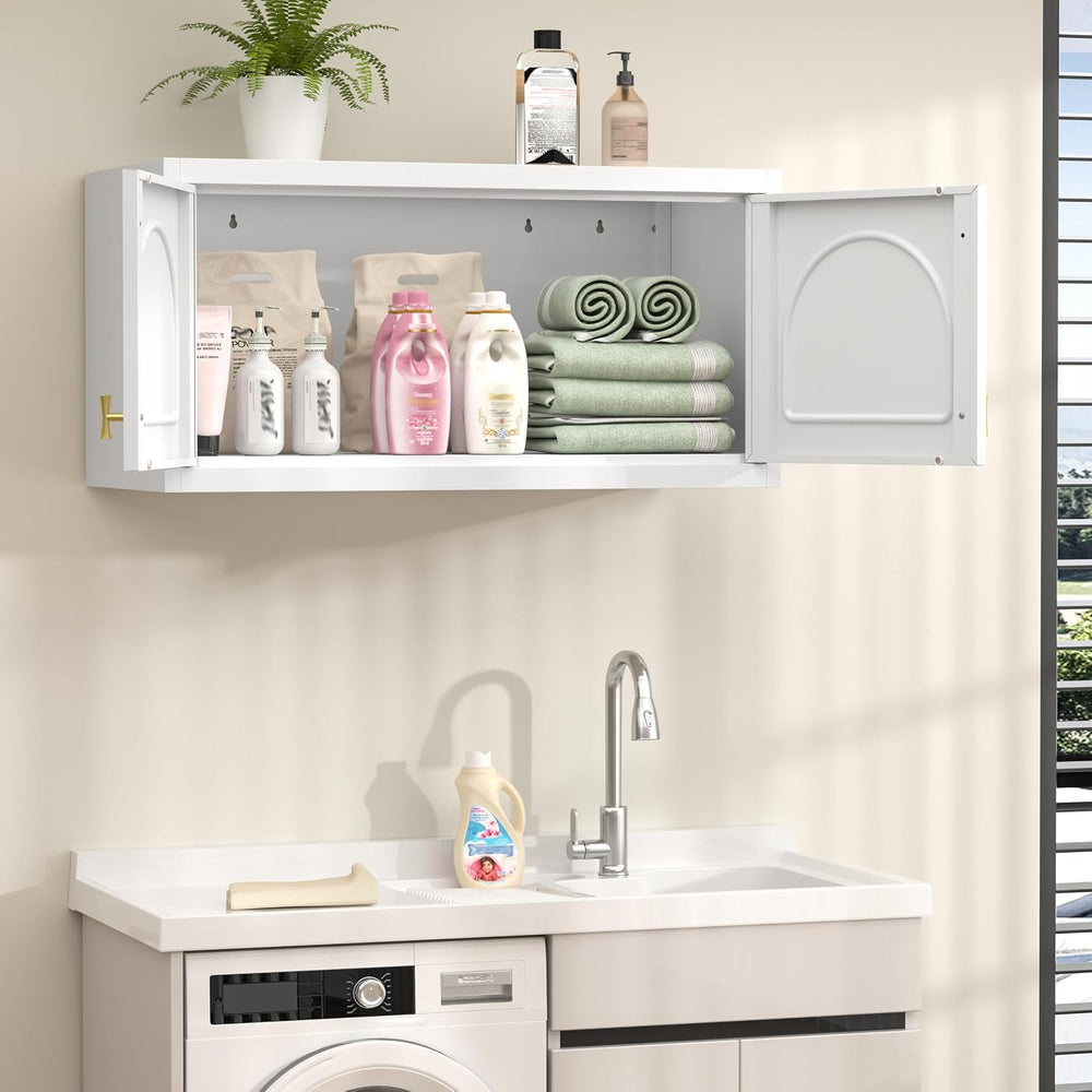 32" Wall Metal Storage Cabinet with Doors & Gold Handle | Adjustable...