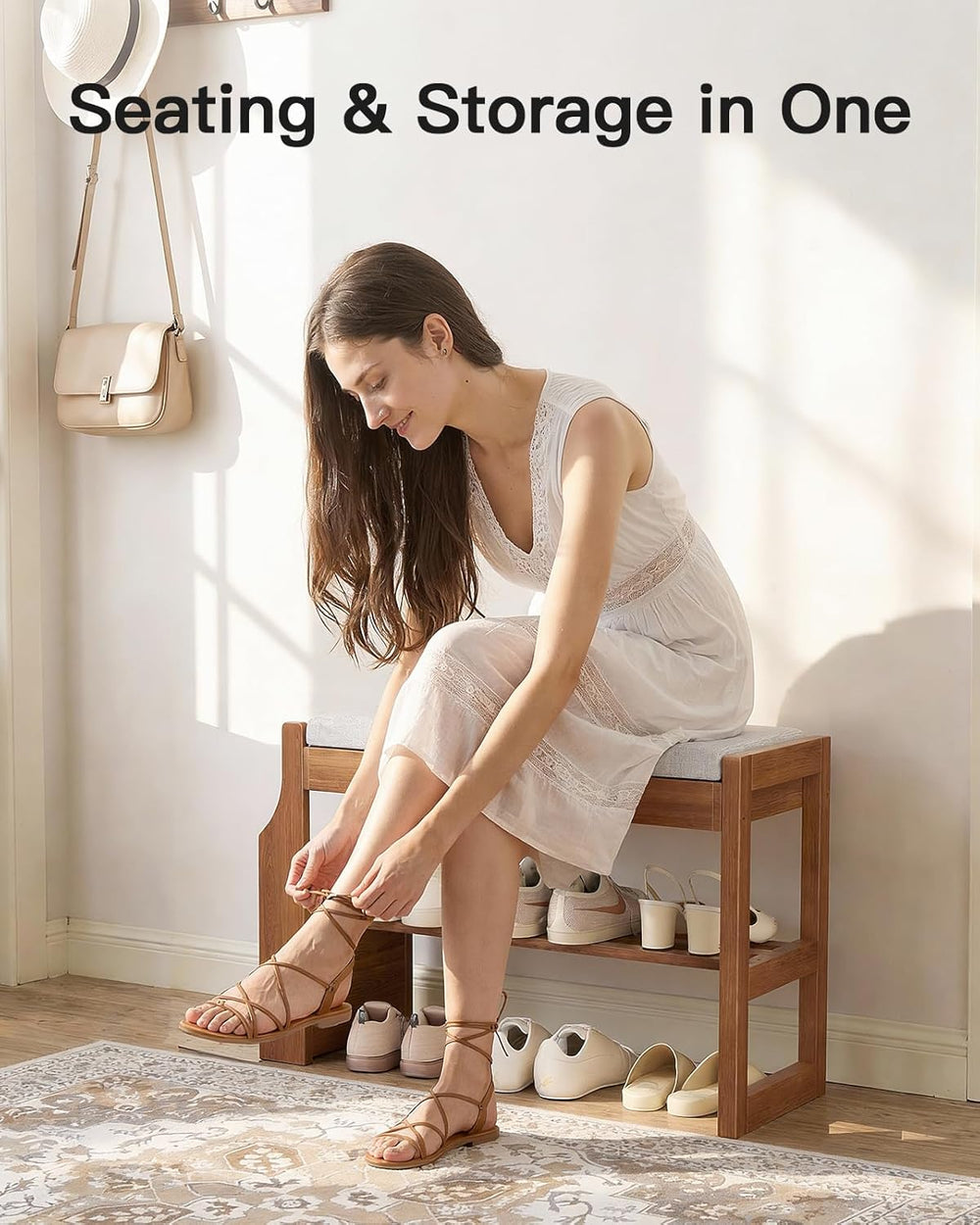 Pipishell 26″ Solid Pine Wood Shoe Rack Bench with Soft Cushion, 2 Tiers Shoe...