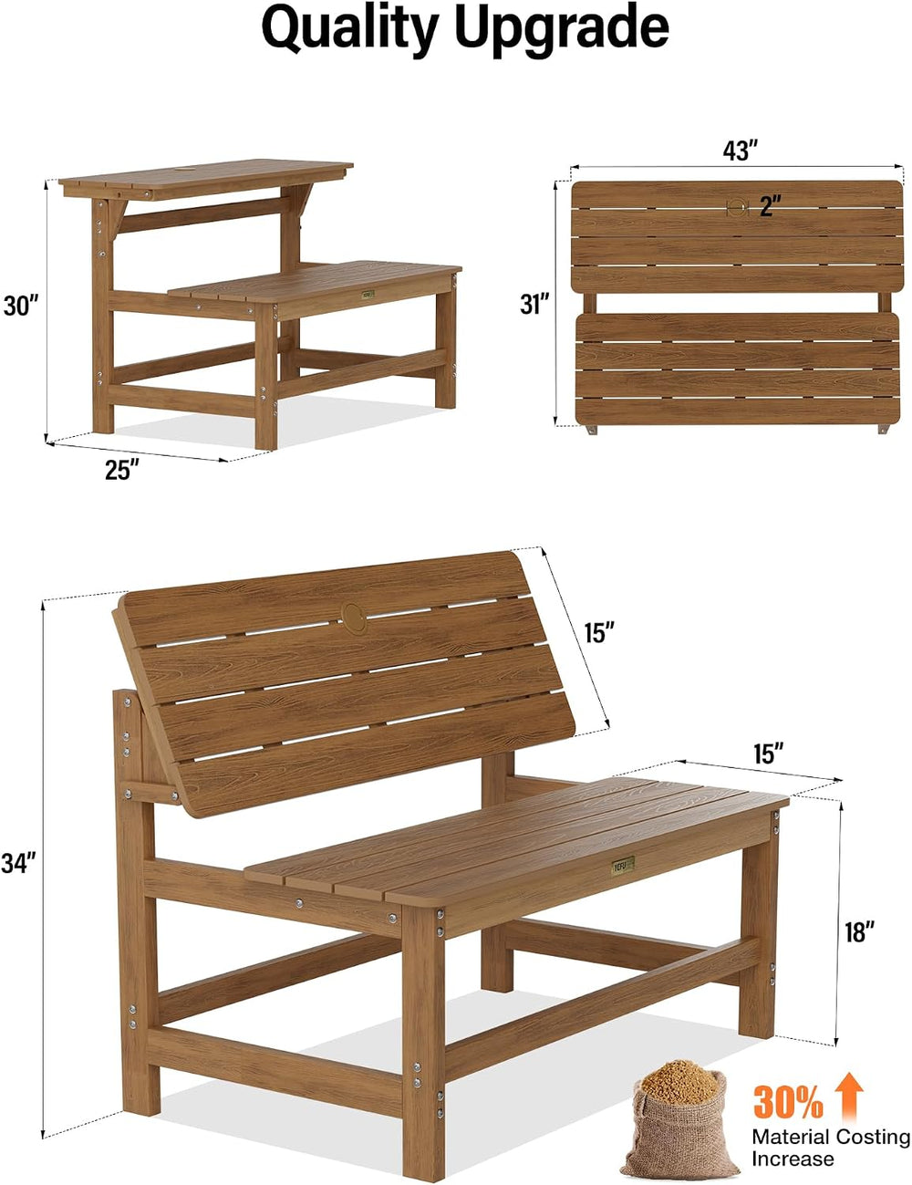 YEFU Convertible Bench Picnic Table, 2-in-1 Foldable Outdoor Bench, Teak