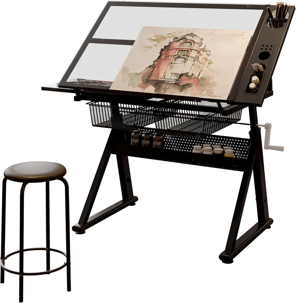 Black Hand Crank Adjustable Tempered Glass Drafting Table with Chair and Stor...
