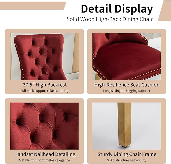 Luxury Upholstered Dining Chairs Set of 2, Red Kitchen Chair with Golden Meta...