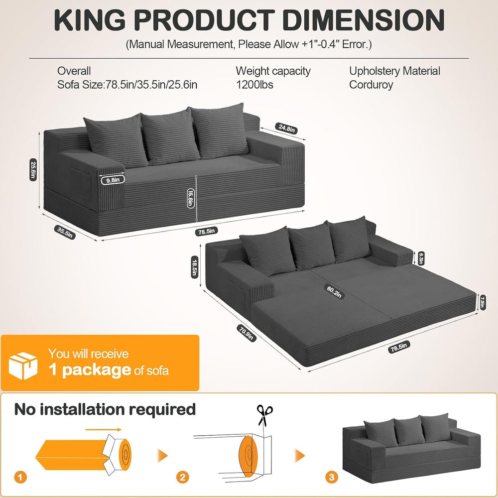 Erament 3 Seater Boneless Couch Sofa Bed, 78'' Corduroy Oversized Lov...