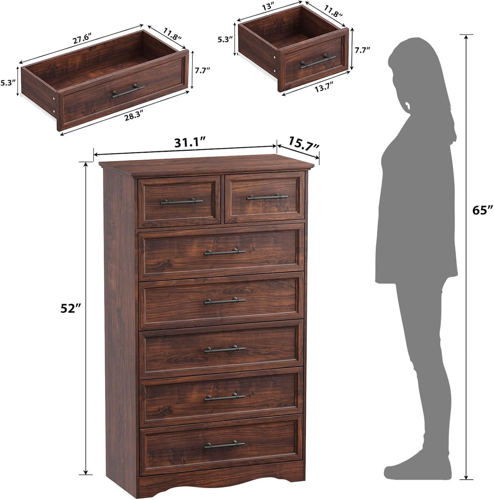 Walnut 7-Drawer Dresser for Bedroom, 52" Tall Chest of Drawers