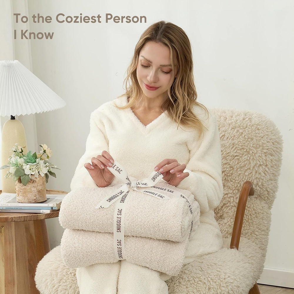 Snuggle Sac Buttery Ivory Throw Blanket for Couch, Reversible Super Soft Knit...