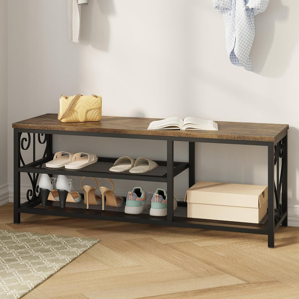 Entryway Storage Bench with Shoe Rack, 47.2" Wide Hallway Bench with Sea...