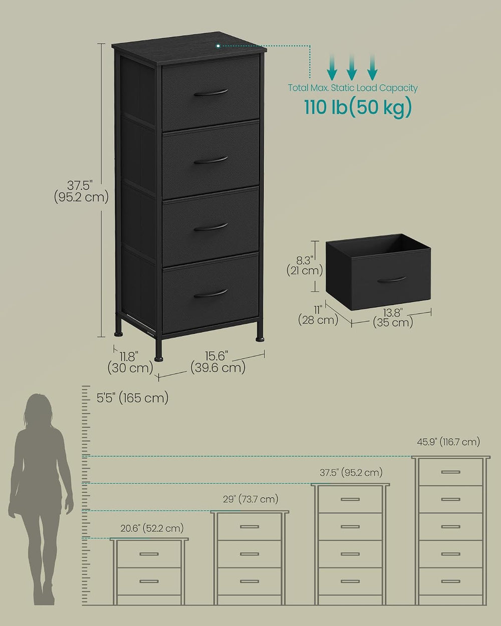 SONGMICS Dresser for Bedroom, Tall Dresser with 4 Fabric Drawers