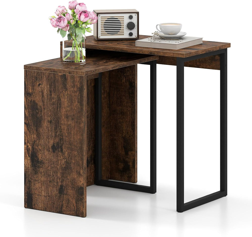 GOFLAME Nesting Coffee Table Set of 2, Wood Nesting Side Tables with Sturdy M...