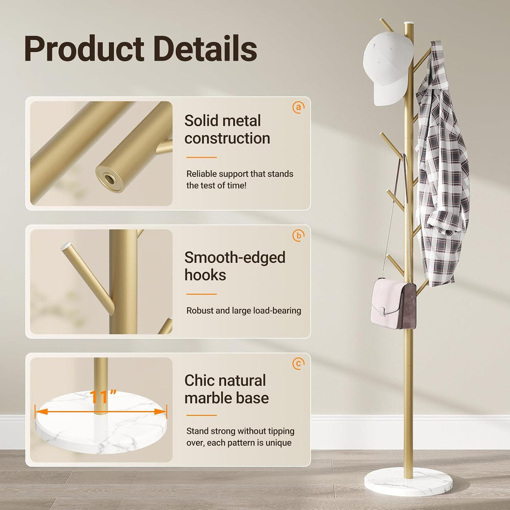 ELYKEN Coat Rack Freestanding with Natural Marble Base, Metal Coat Rack Stand...