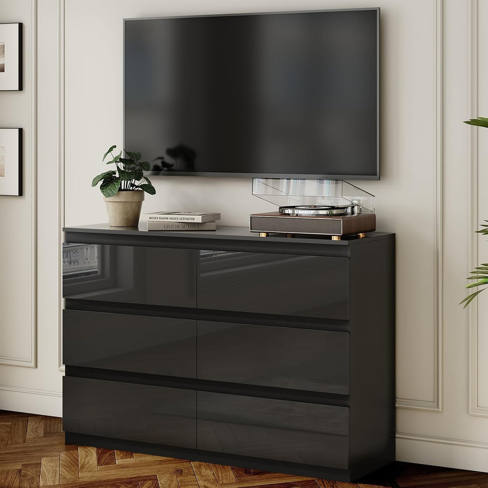 6 Drawer Dresser for Bedroom, 47" Wide Black Wood Chest for Storage