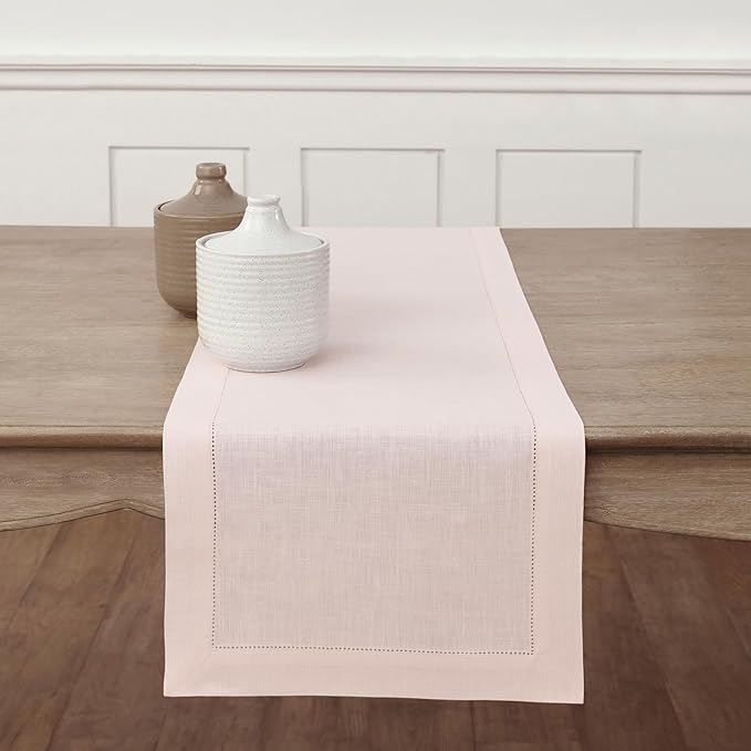 Solino Home Linen Pink Table Runner 120 Inches Long - 100% Pure Linen Hemstit...