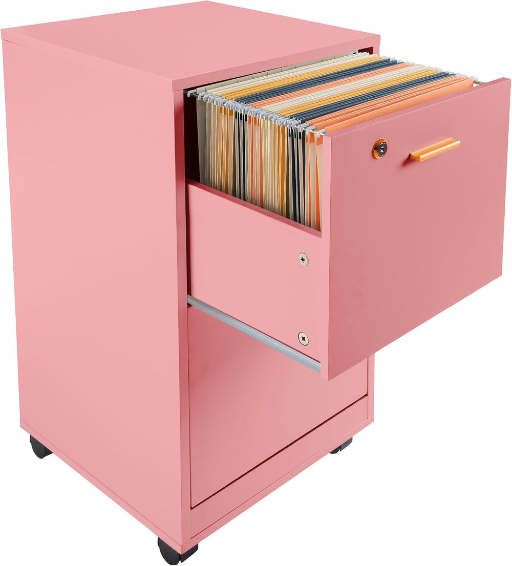 Lavish Home 2-Drawer Wooden File Cabinet with Lock, Pink, 16” x 27” | Rolling...