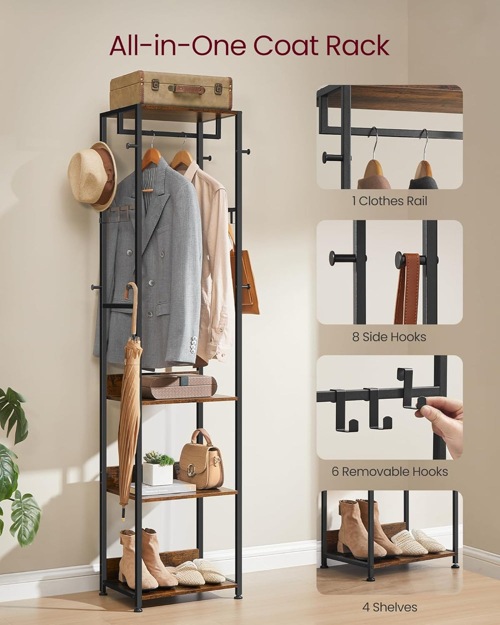 VASAGLE Coat Rack, Freestanding Hall Tree with Shelves, Hanging Rail, and Hoo...