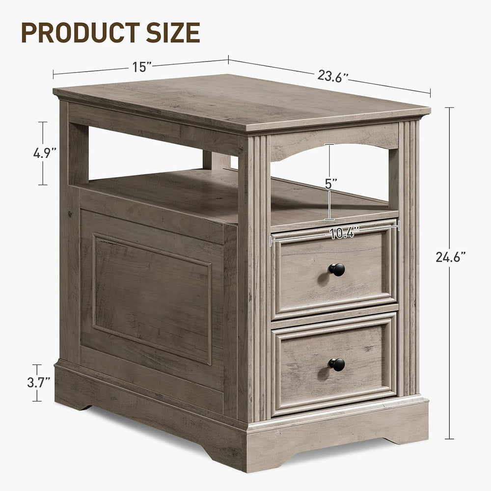 RALGEND Farmhouse End Table with 2 Drawers and Open Shelf, Greige