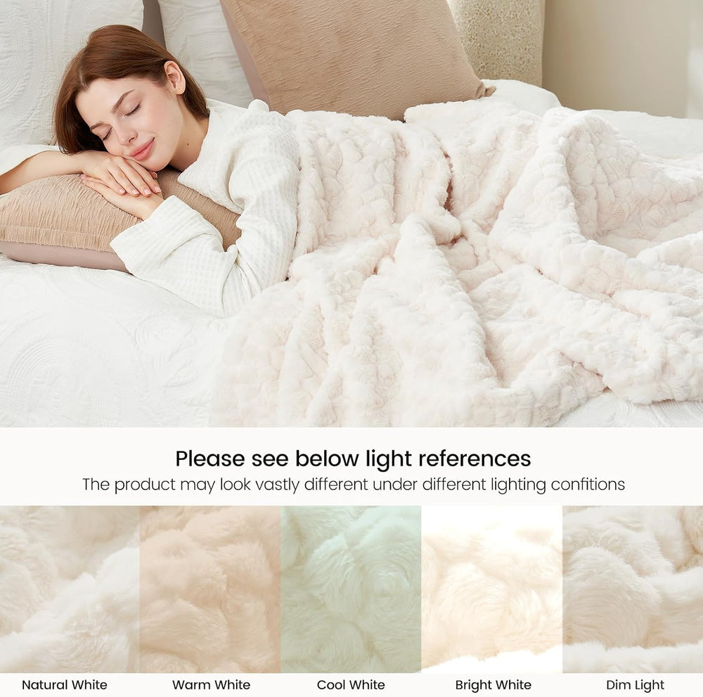 Cozy Bliss Faux Fur Throw Blanket for Couch, Fuzzy Soft Plush Thick Warm Fluf...