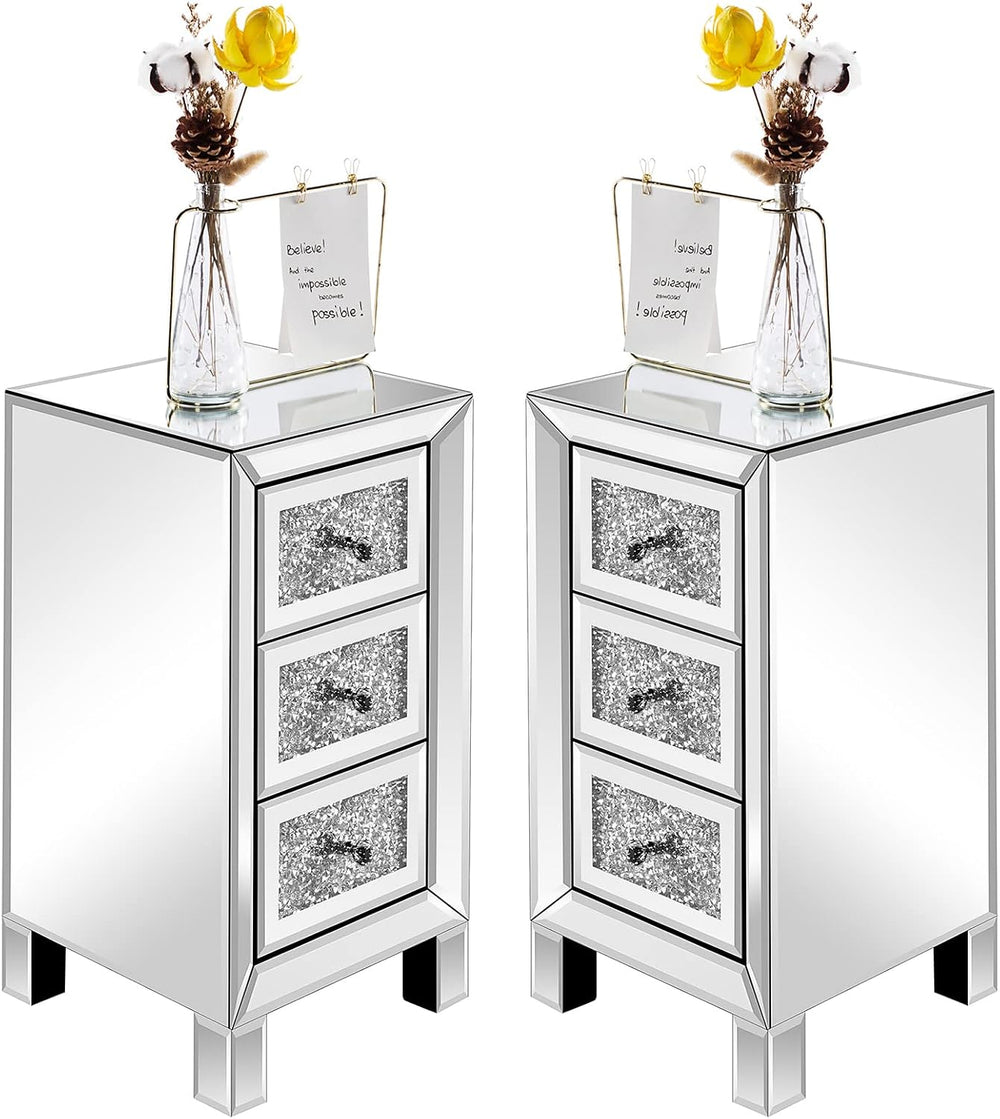VINGLI 3-Drawer Mirrored Nightstand Bedside Table Modern Night Stands Set of ...