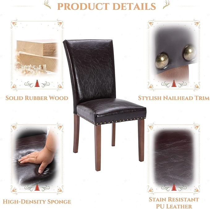 Parsons Dining Chairs Set of 6, Upholstered Nailhead PU Leather Dining Room K...