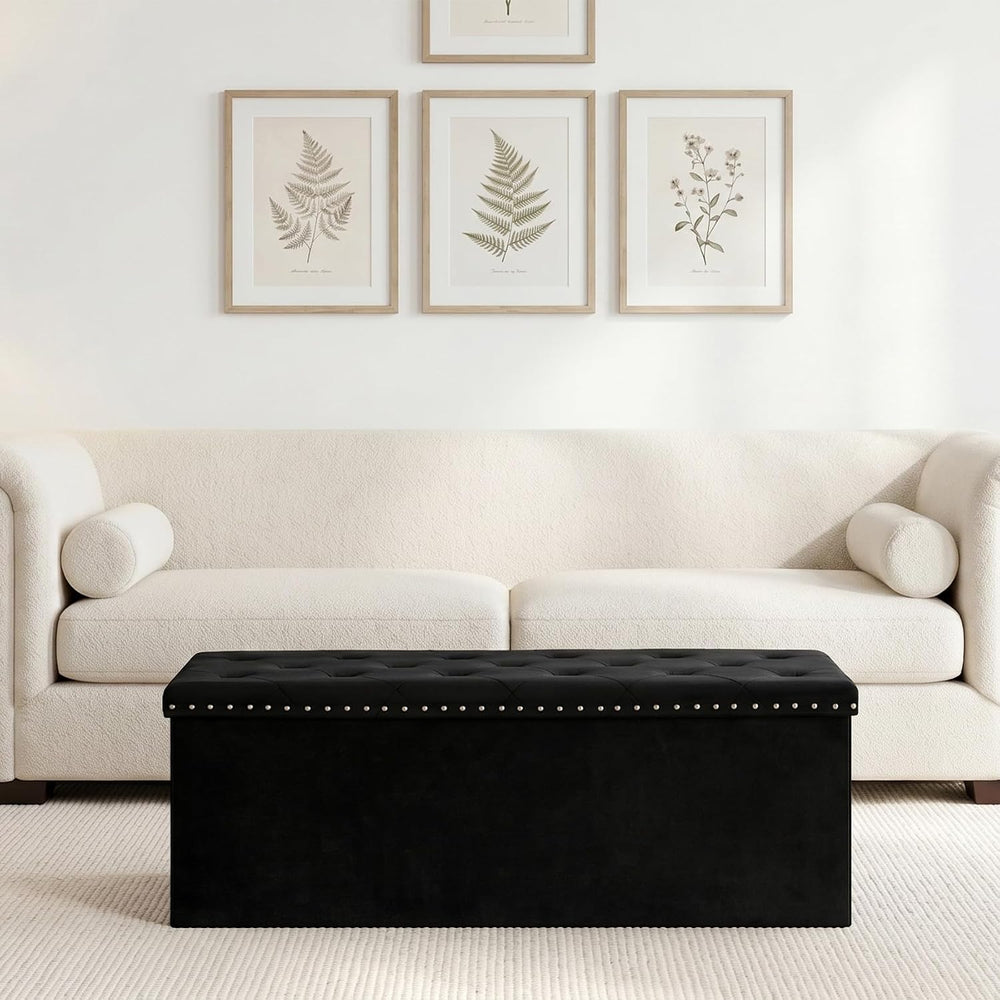 PINPLUS Folding Storage Ottoman Bench, Black Velvet | Large Storage Chest wit...