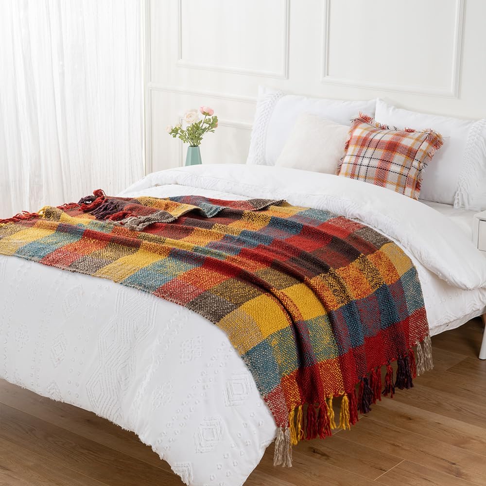 Fall Plaid Throw Blanket for Couch, Rustic Knit Throw Blanket 50"x60"
