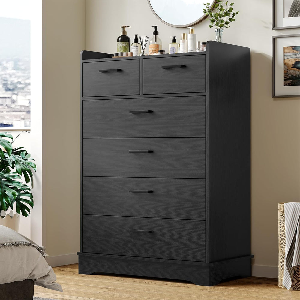 Black 6 Drawer Dresser, Wooden Storage Chest of 6 Drawers, Vertical Large Cap...