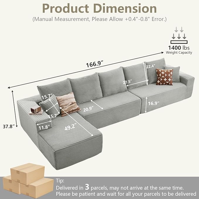 166.9" Cloud Sectional Couch with L-Shape Chaise, Modern Modular Comfy S...