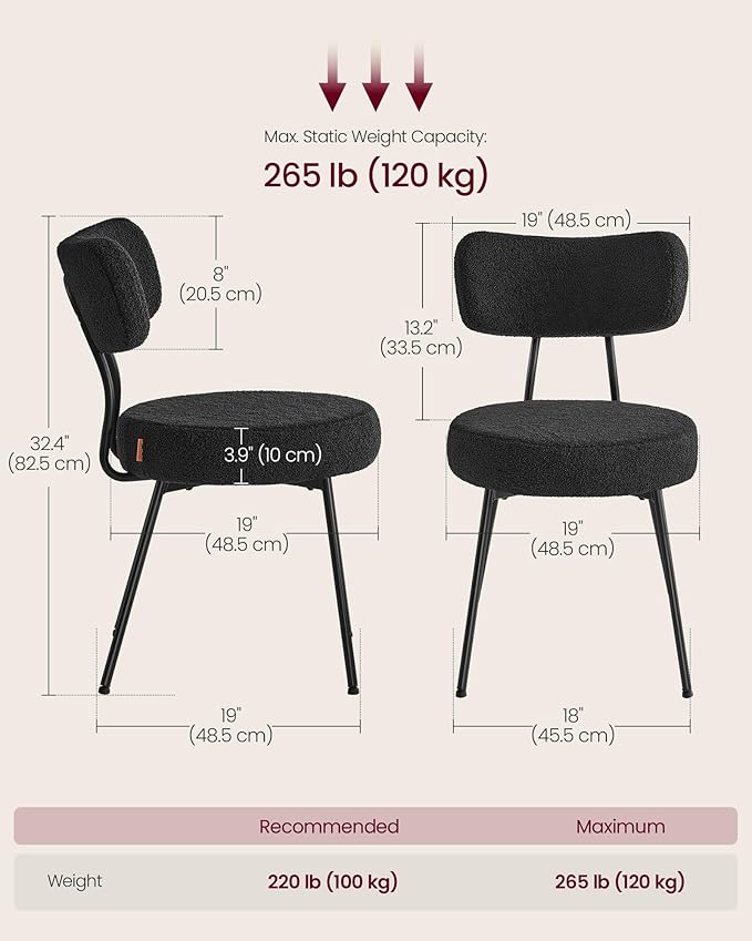 VASAGLE Boucle Dining Chairs Set of 2, Upholstered Kitchen Dining Room Chairs...