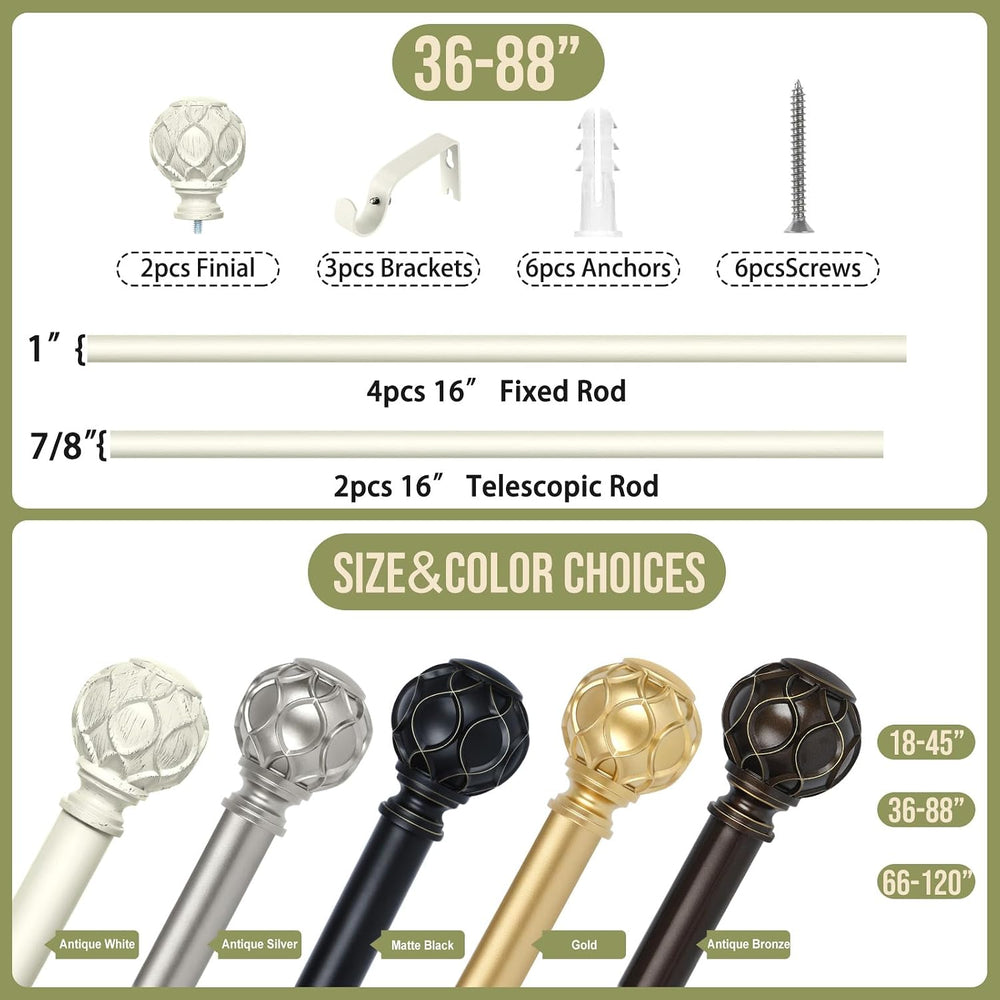 Farmhouse Curtain Rod Adjust 36-88",Heavy Duty Boho,Antique White