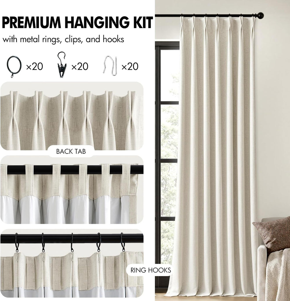 MIULEE Natural Pinch Pleated 100% Blackout Linen Curtains 40x112 Inches