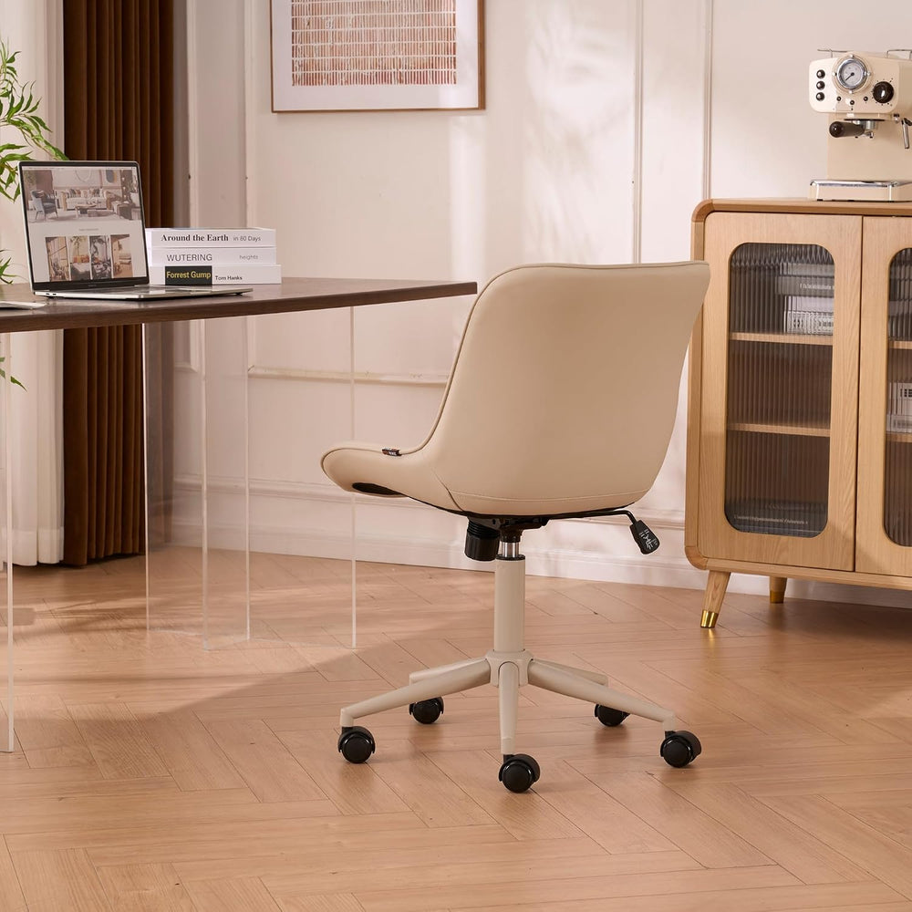 YOUNIKE Faux Leather Office Desk Chair Comfy Vanity Chair Armless Cream | Erg...