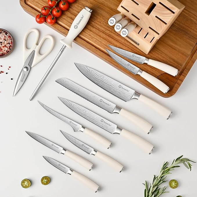 Sunnecko Knife Set with Block and Sharpener, 15 Piece Kitchen Knife Block Set