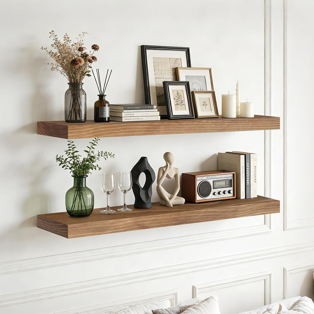 36x6.8x1.7in Solid Wood Floating Wall Shelf Set of 2 Oak Finish