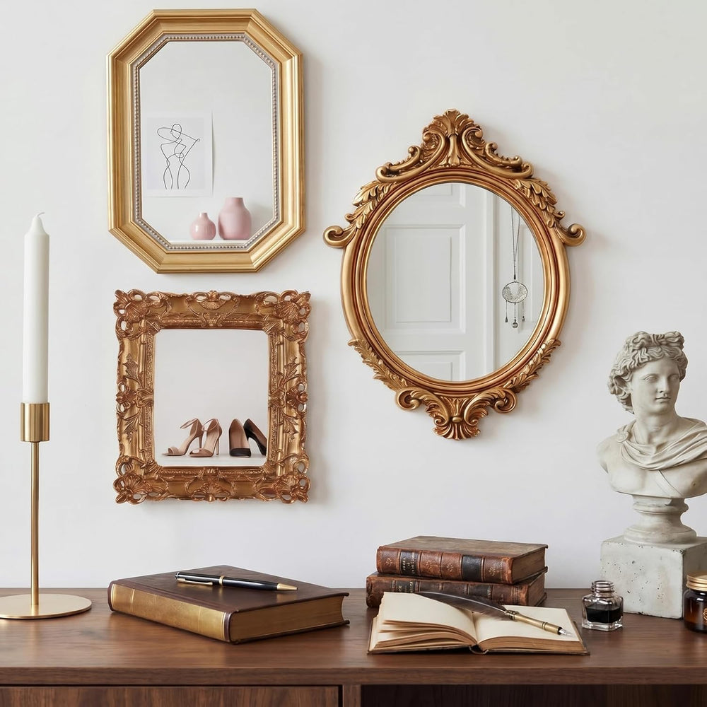 3 Pcs Vintage Gold Wall Mirror Set, Court Baroque Style