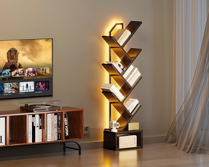 Casaottima 6-Tier Tree Bookshelf — Narrow Floor Standing Bookcase, Tall Steel...
