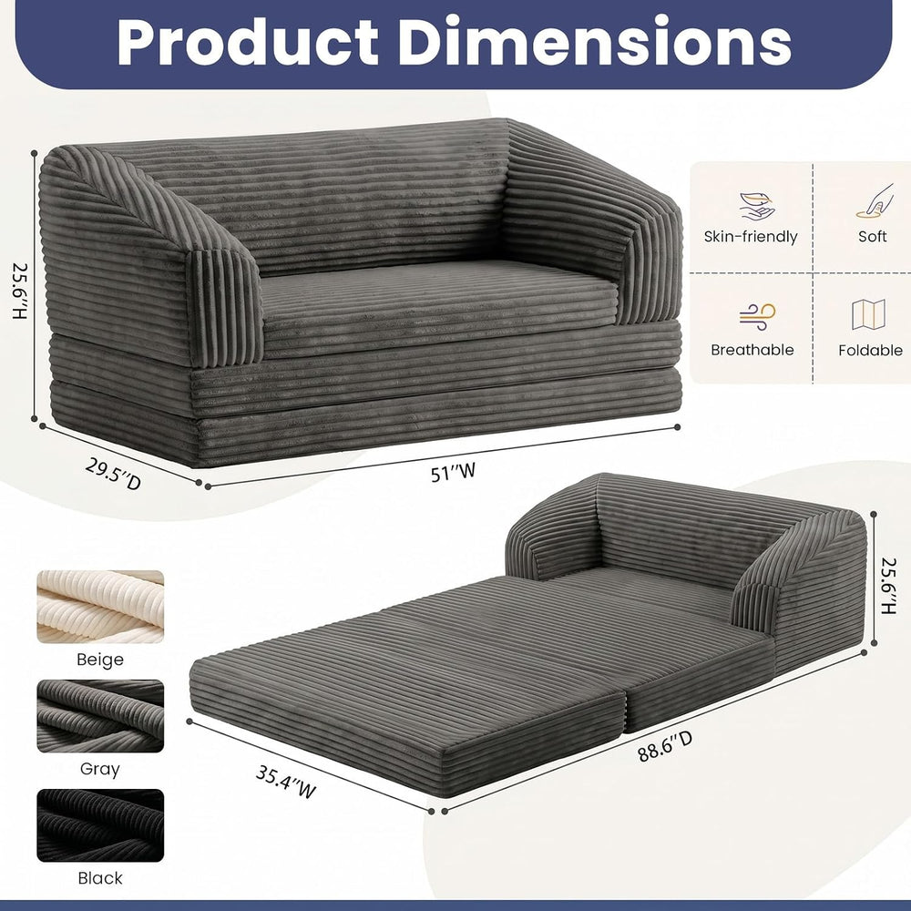 Convertible Sofa Bed, 3-in-1 Foldable Loveseat Couch with Armrest, Corduroy F...