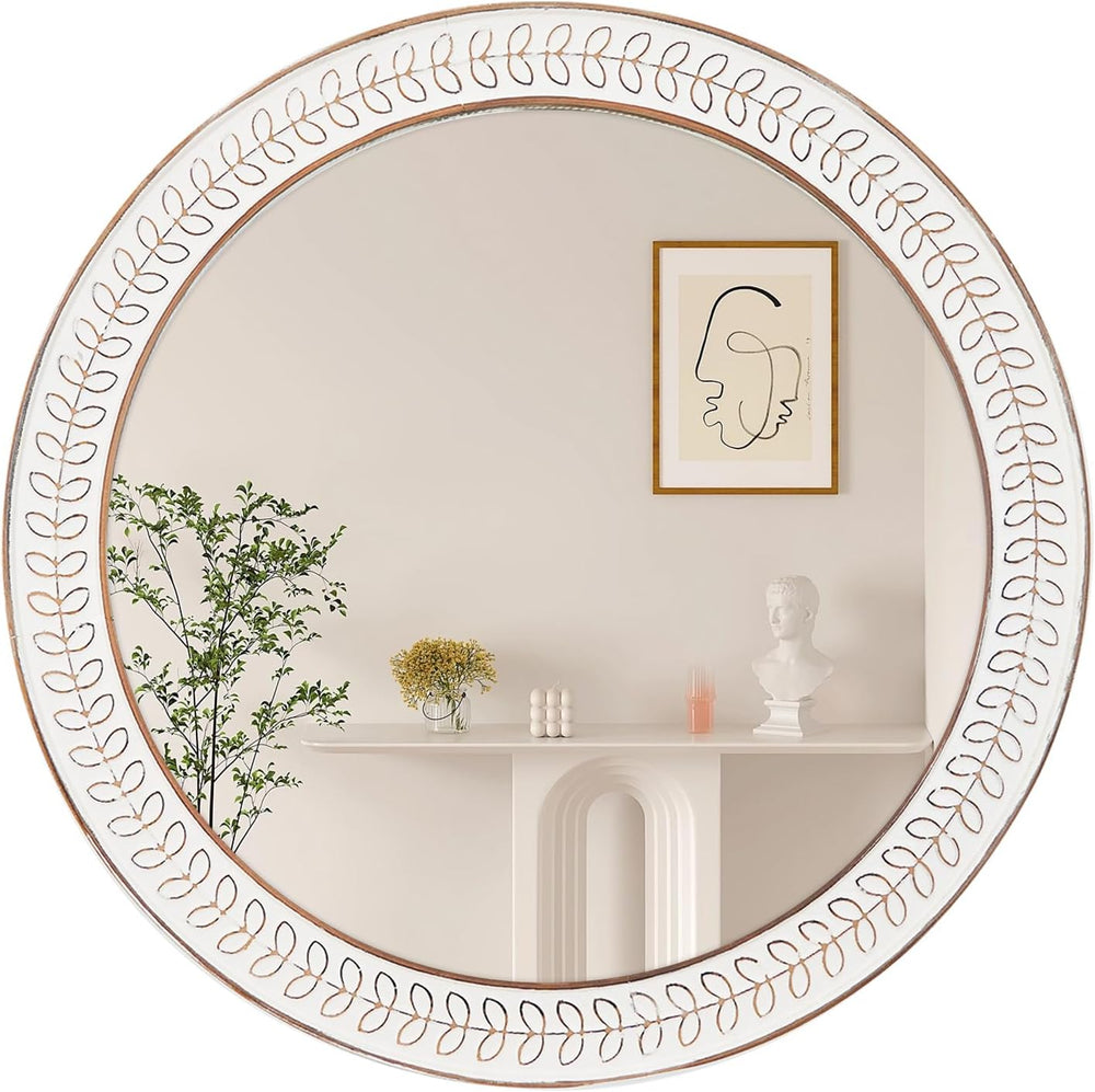26 inch Round Mirrors for Wall Wood Circle Mirror with Carved Frame Rustic Ac...