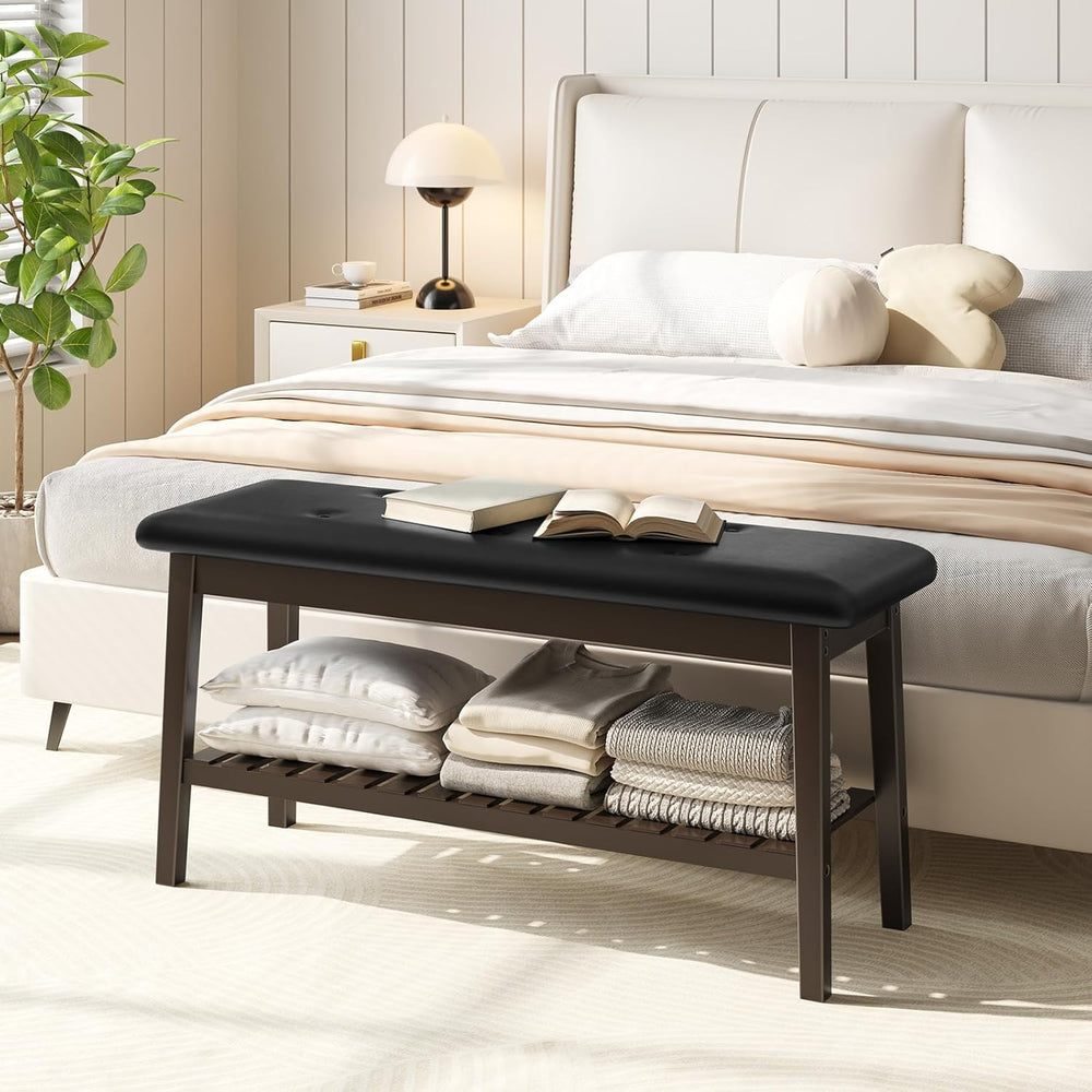 HOOBRO Dining Bench, Bamboo Dining Room Bench, 2-Tier Entryway Bench with PU ...