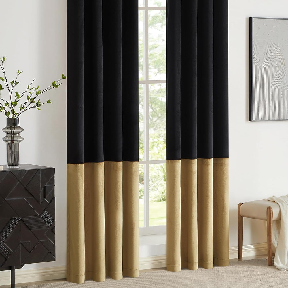 Black Gold Velvet Blackout Curtains Luxury Decor 84 inches,Color Block