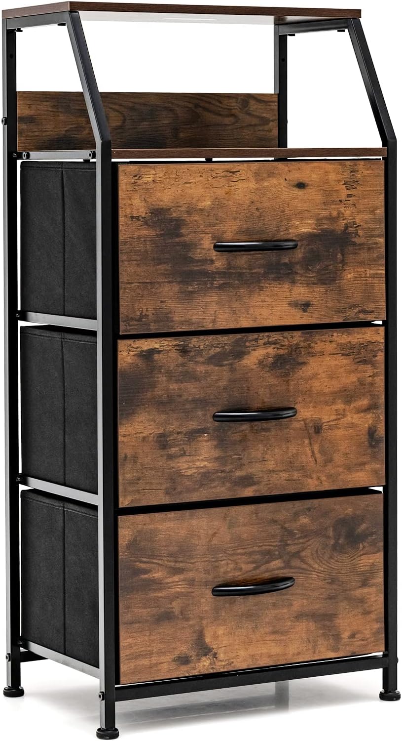 GIANTEX 3 Drawers Dresser, Storage Tower w/ 3 Foldable Fabric Drawers & O...