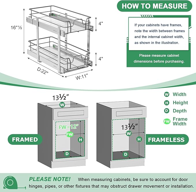 2-Tier Pull Out Cabinet Organizer, Soft Close Cabinet Slide Out Shelves