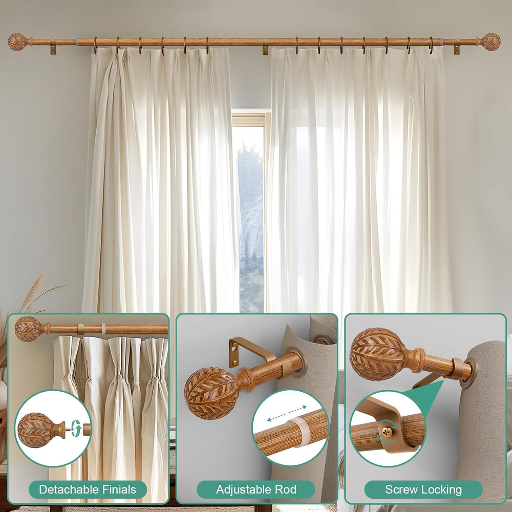 QDWIS Wood Curtain Rods for Windows 66 to 120 Inch, 1'' Adjustable De...