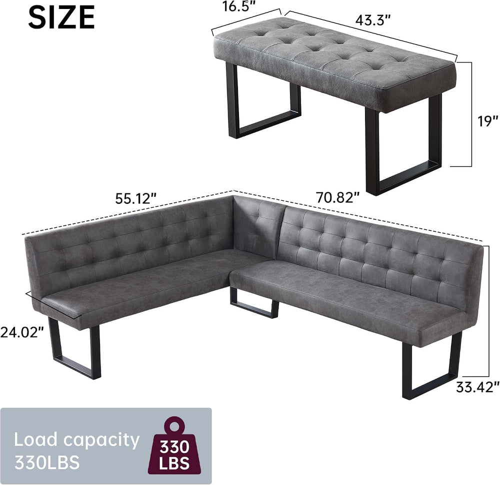 HIPIHOM L-Shaped Dining Bench, Modern Corner Sofa, Grey Right Seat Bench | Up...