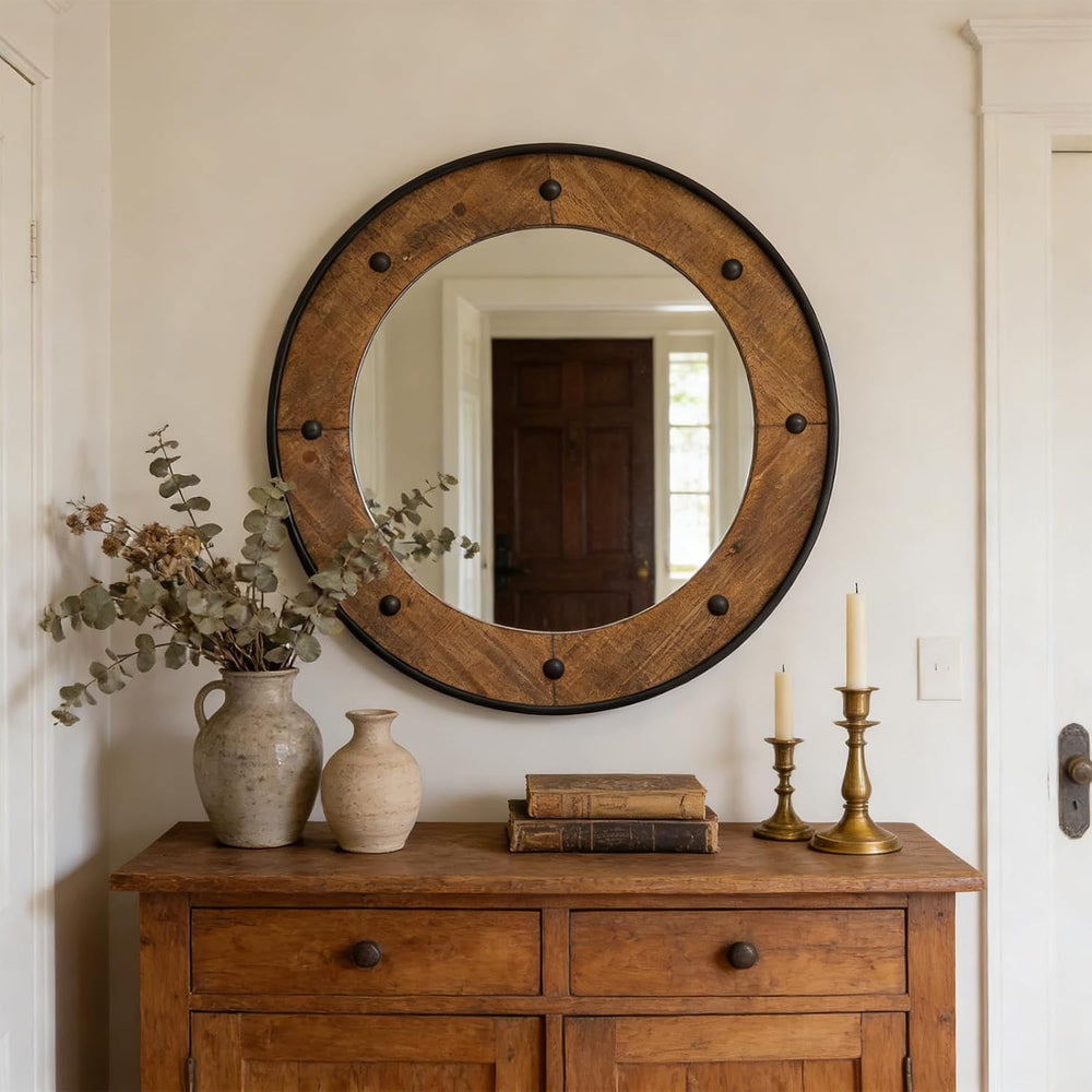 Rustic Round Wall Mirror 30 Inch, Natural Wood Frame with Black Metal Trim, I...