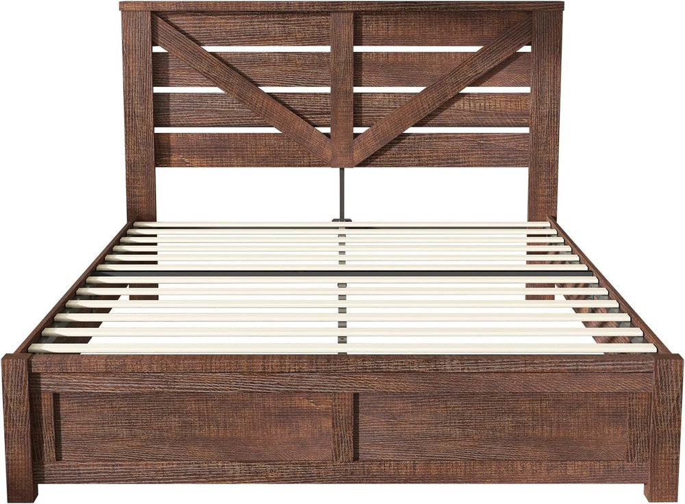 AMERLIFE Farmhouse Full Size Bed Frame with Barn Door Storage, Rustic Brown