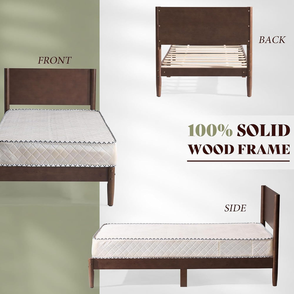 AMERLIFE Solid Wood Twin Bed Frame, Mid Century Bed with Headboard, Walnut