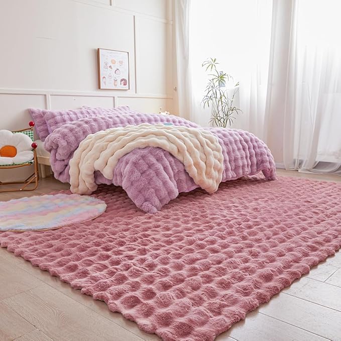 Pink Rabbit Plush Rug 8'x10', Fluffy Faux Fur Shaggy Area Rug